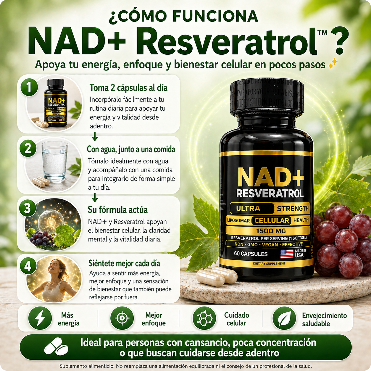 NAD+ Resveratrol™ | Fórmula Anti-Edad  (60 Cápsulas)💊