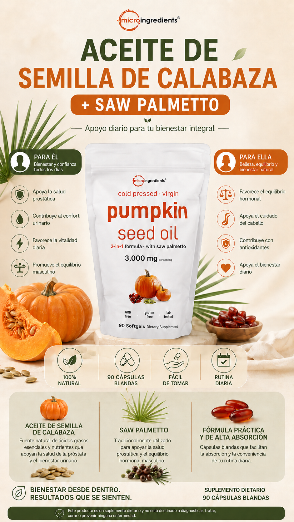 Aceite de Semilla de Calabaza + Extracto de Saw Palmetto | 90 Cápsulas